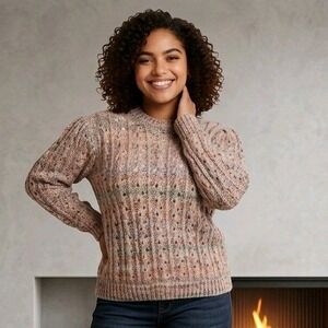 NWT BARTOLINI Italy Wool Blend Chunky Knit Sweater M Pink Confetti Puff Sleeve